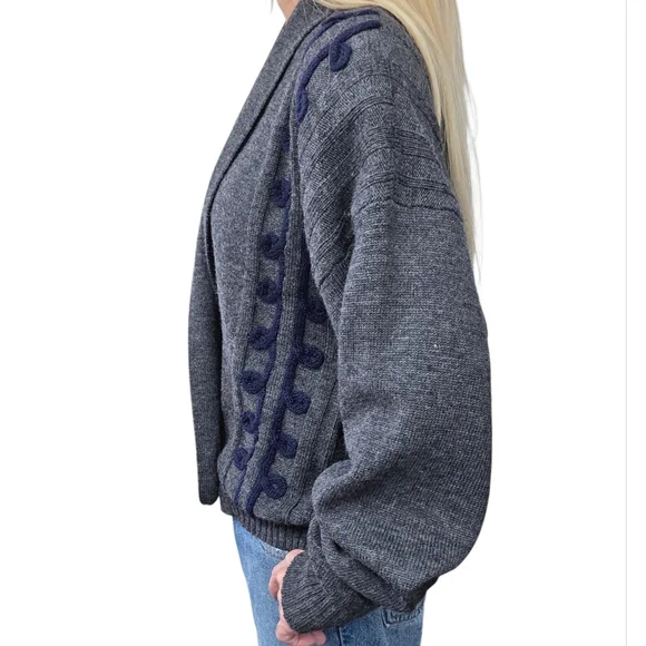 The Villager 1X Vintage 80s Wool Cardigan Shawl Collar Shoulder Pads Oversize - Picture 3 of 9